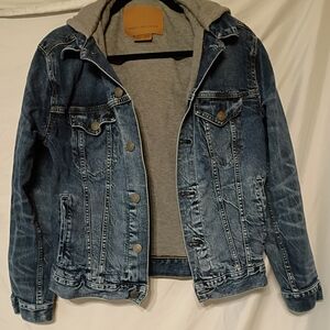 American Eagle Outfitters Blue Denim Jacket with Gray Hood